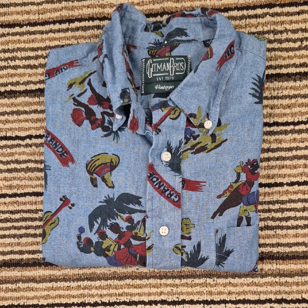 GITMAN BROS VINTAGE Blue Grey Weave Cotton Jamaica USA M Mens Short Sleeve Shirt